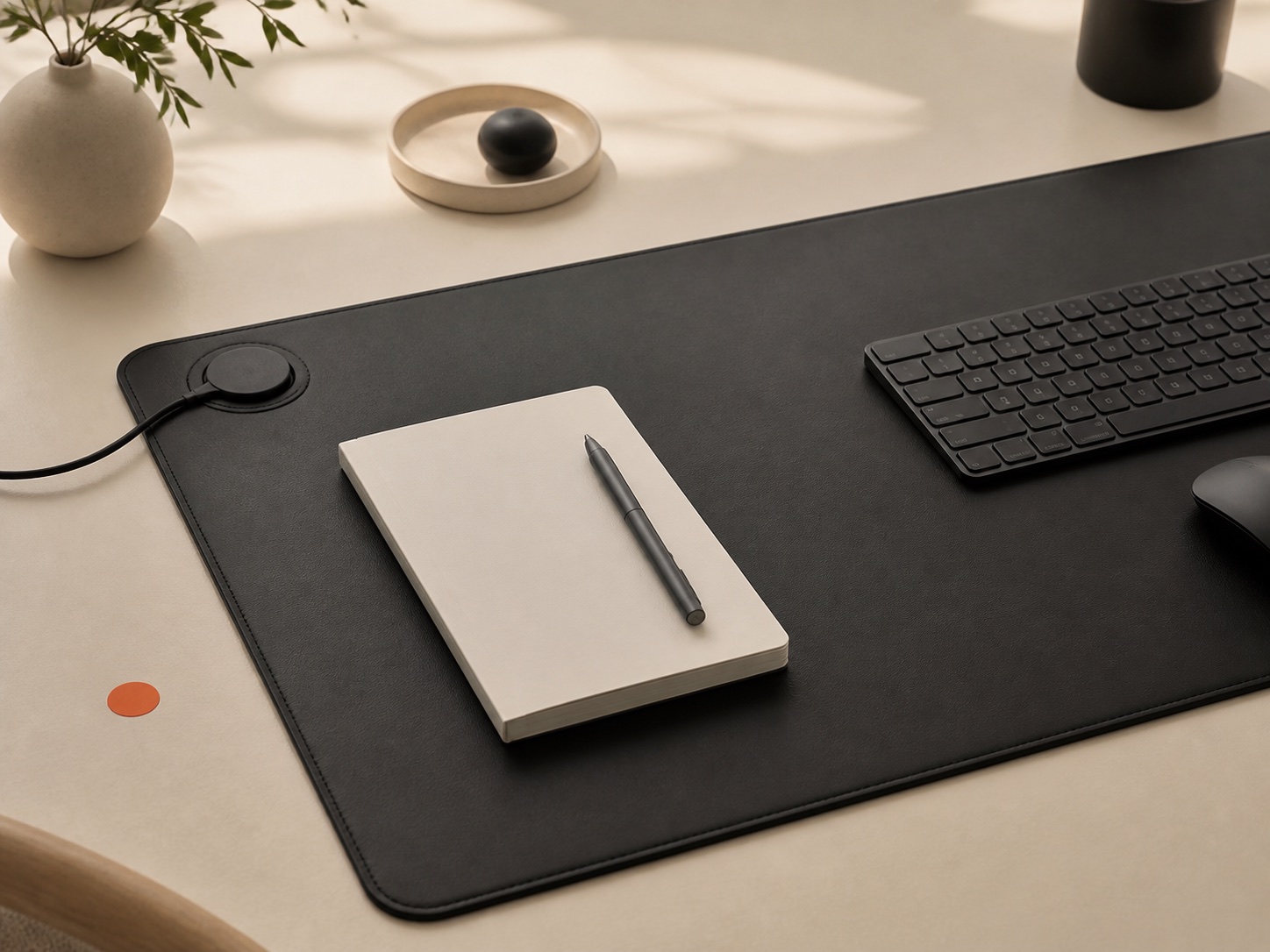 A premium desk mat styled with a notebook, keyboard, and pen.